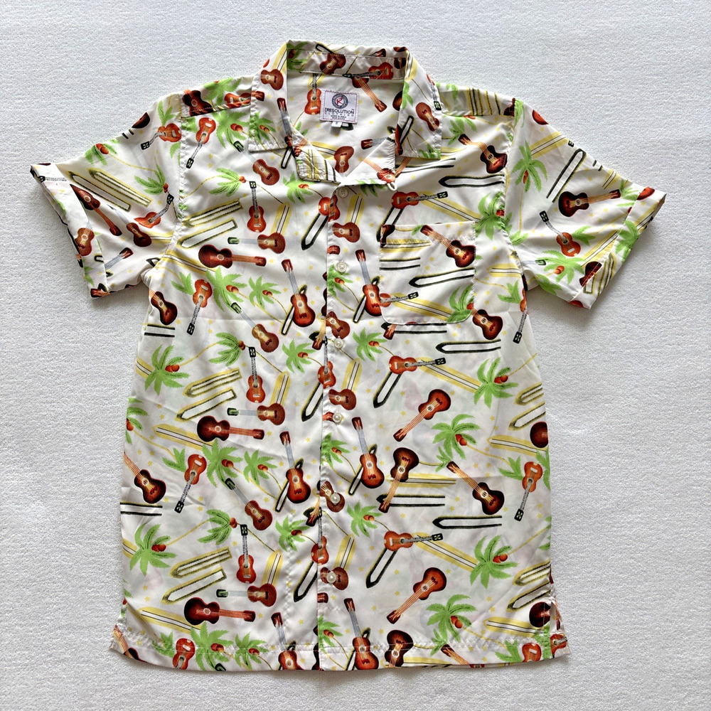 One Resolution Clothing Button Down Shirt Mens Small White Ukulele Palm Tree S/S
